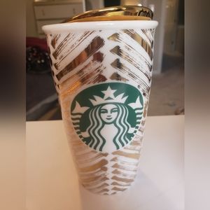 Starbucks gold and white ceramic travel mug